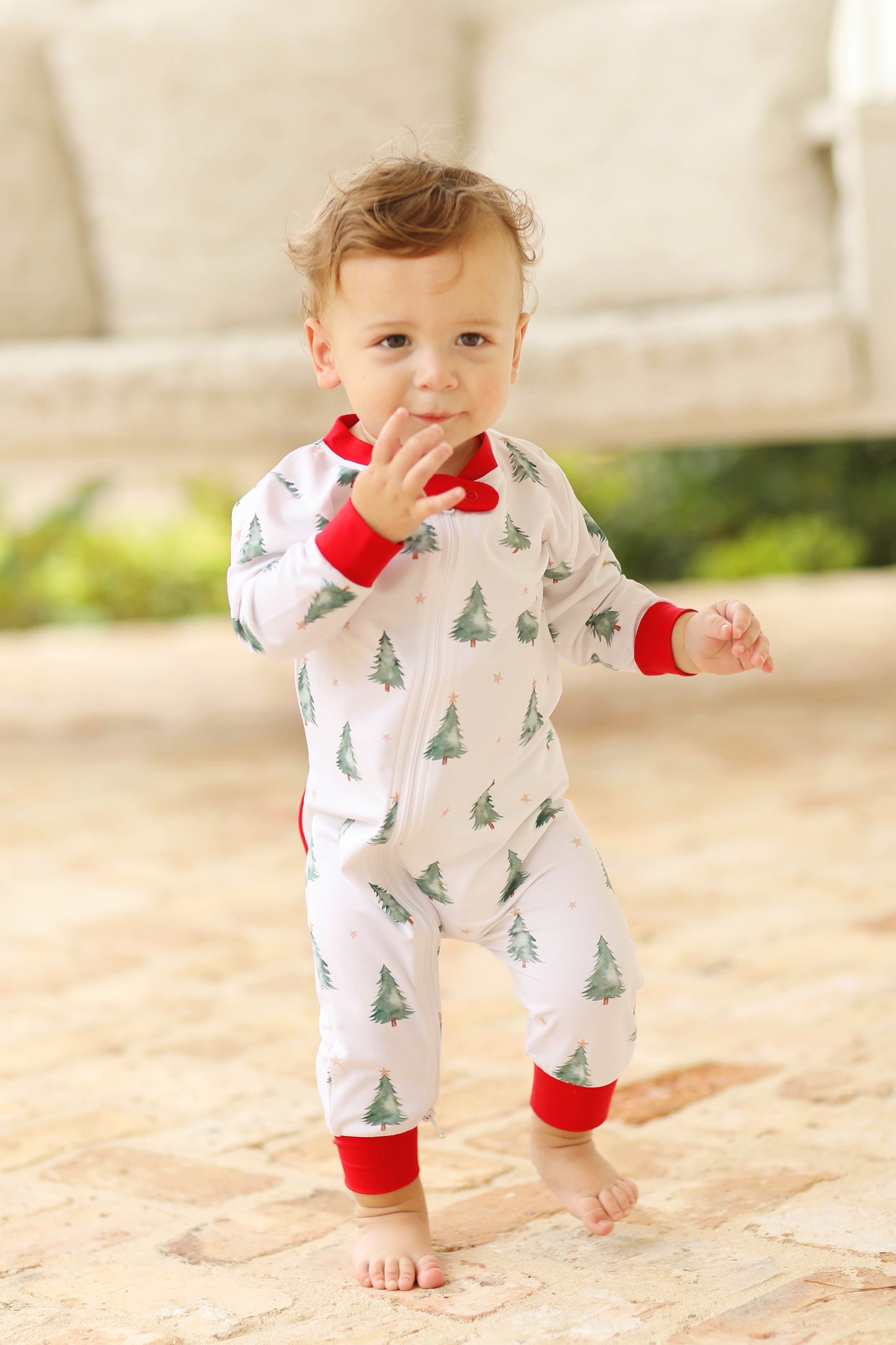 Christmas Tree Print Jersey Knit Zip Up Onesie