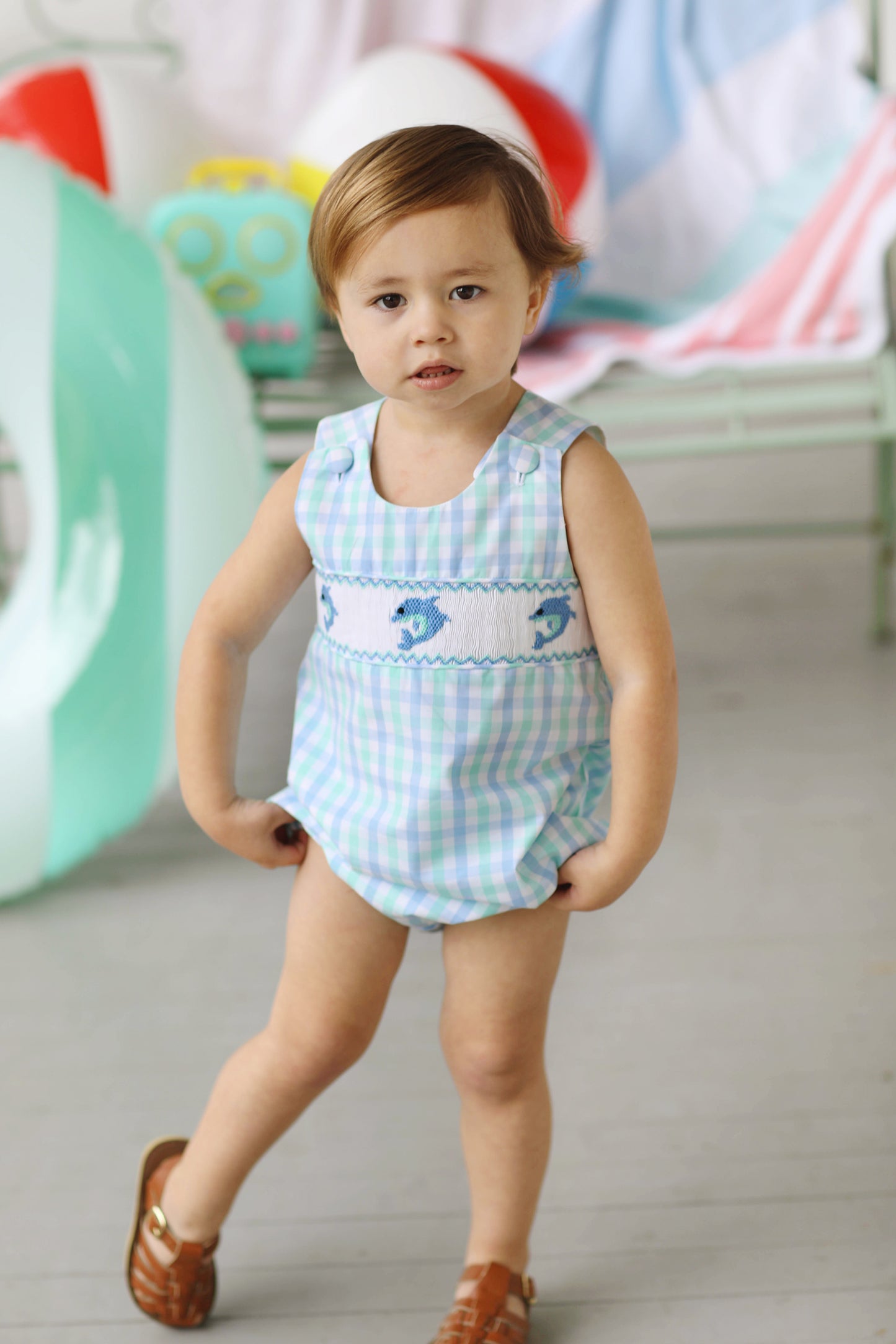 Dolphin Smocked Mint Blue Plaid Boy Bubble