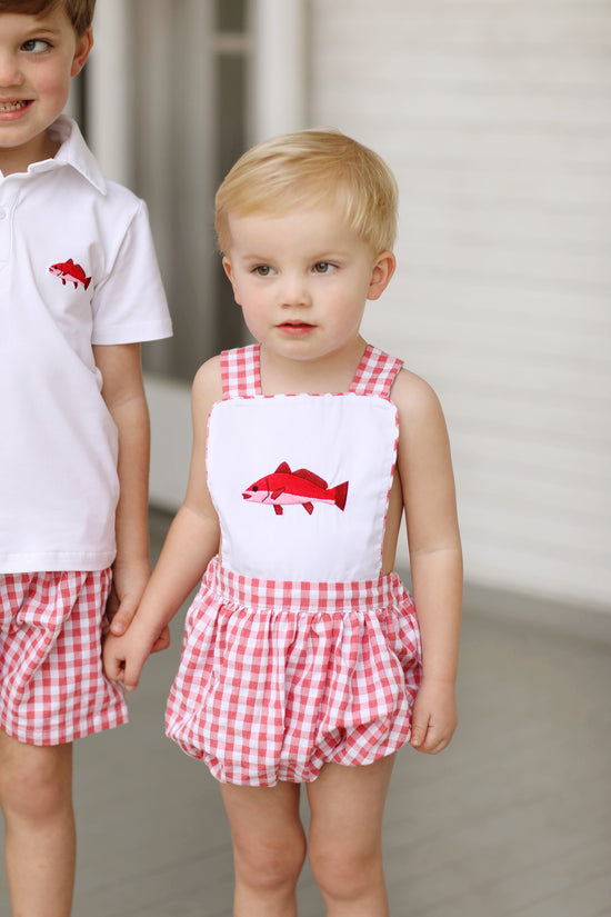 Red Snapper Embroidered Red Gingham Sunsuit