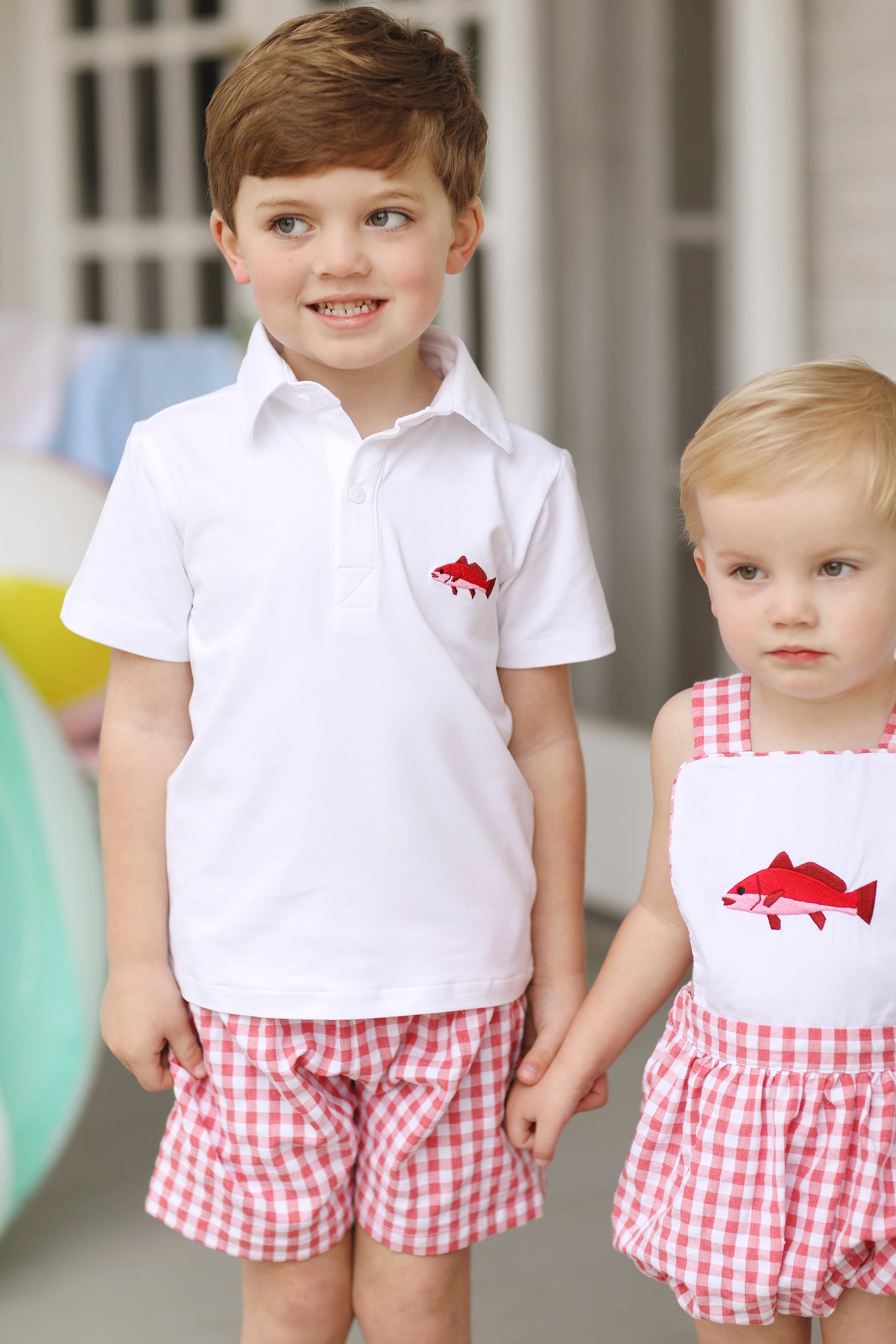 Red Snapper Embroidered Red Gingham Collared Short Set