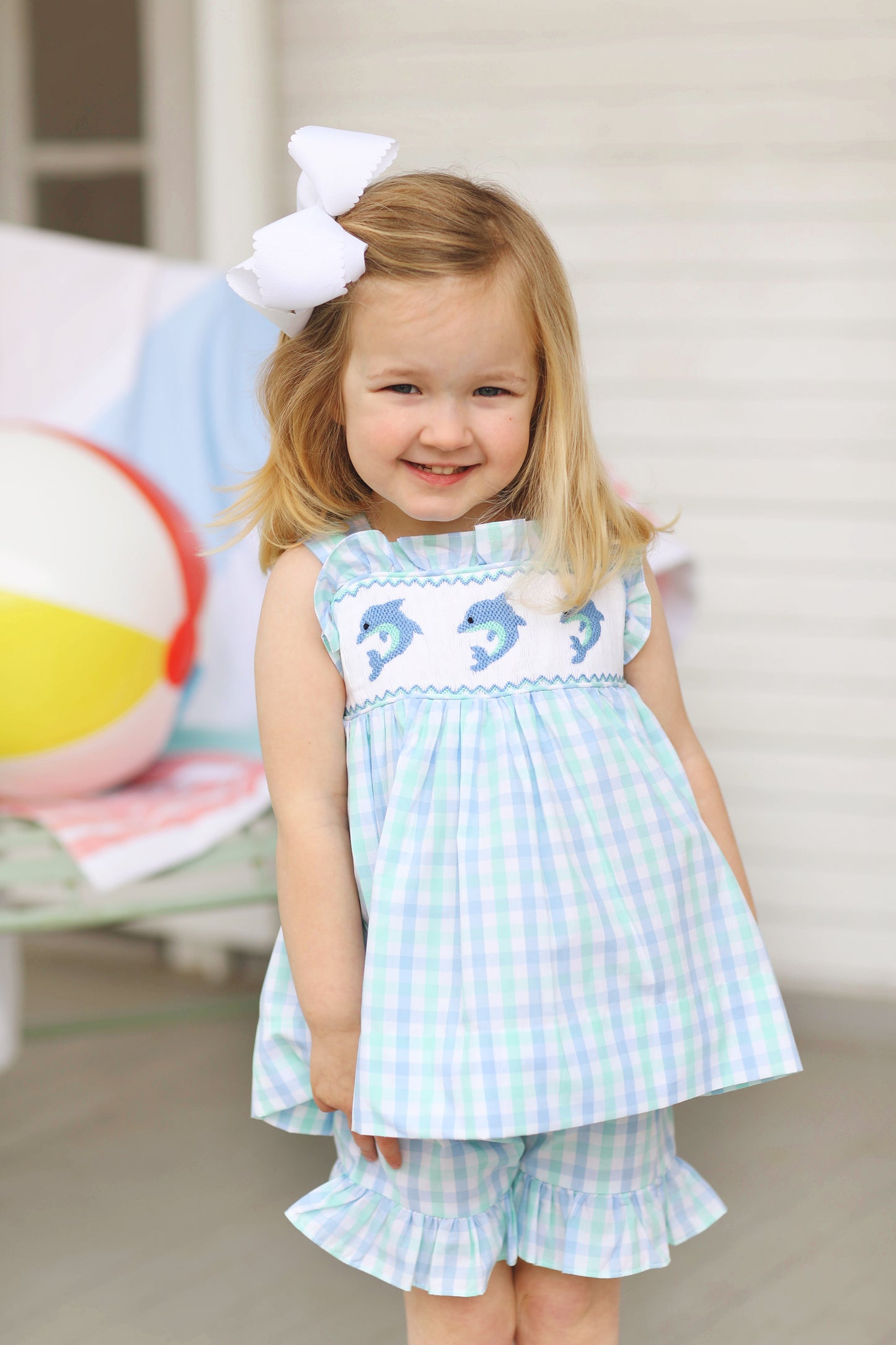 Dolphin Smocked Mint Blue Plaid Ruffle Short Set