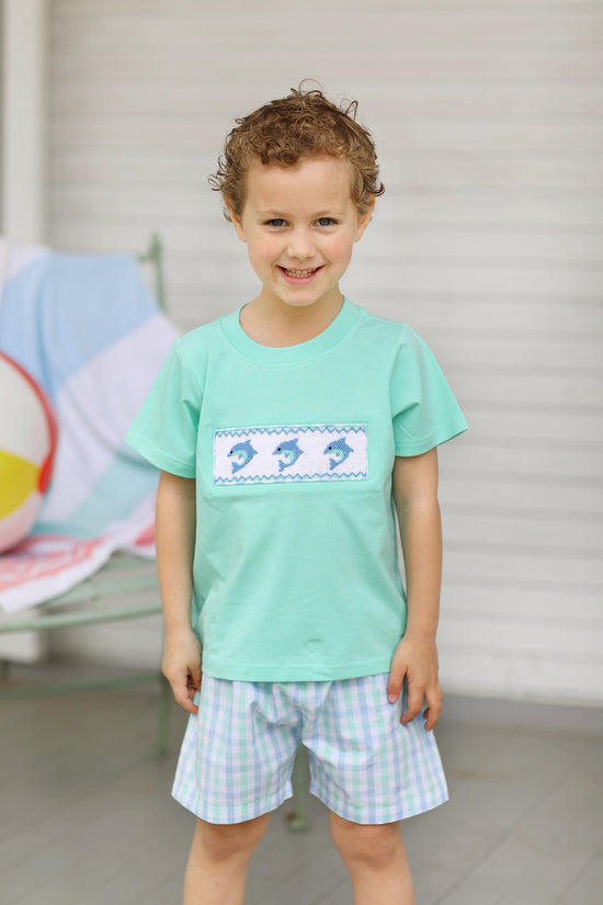 Dolphin Smocked Mint Blue Plaid Short Set