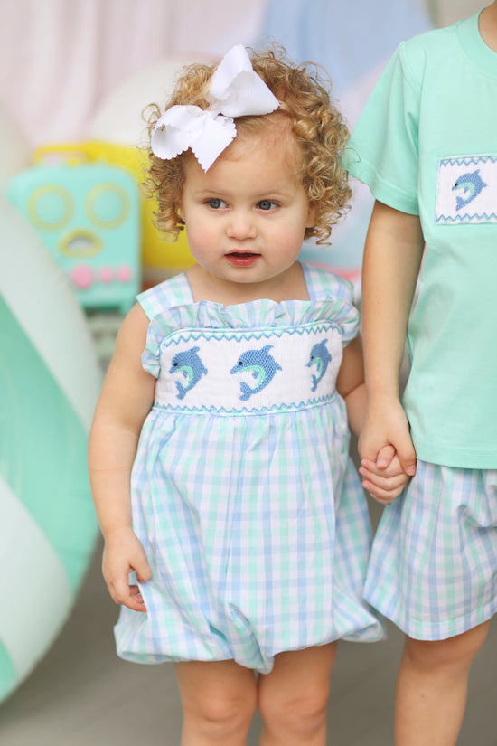 Dolphin Smocked Mint Blue Plaid Ruffle Bubble