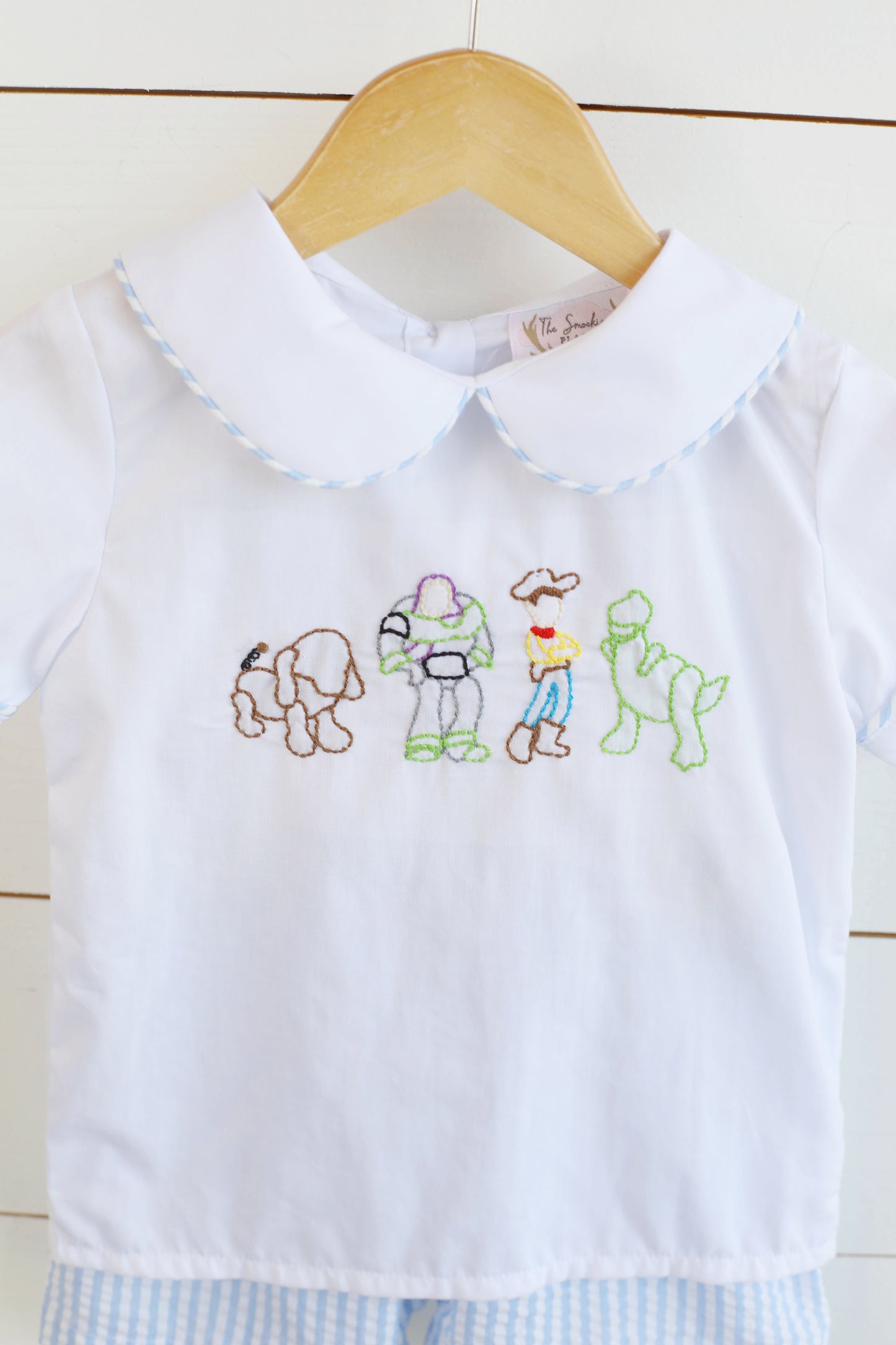 You've Got a Friend Shadow Embroidered Blue Seersucker Short Set