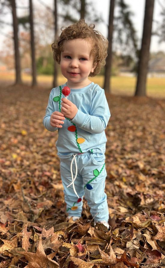 Christmas Lights Applique Light Blue Knit Jogger Set
