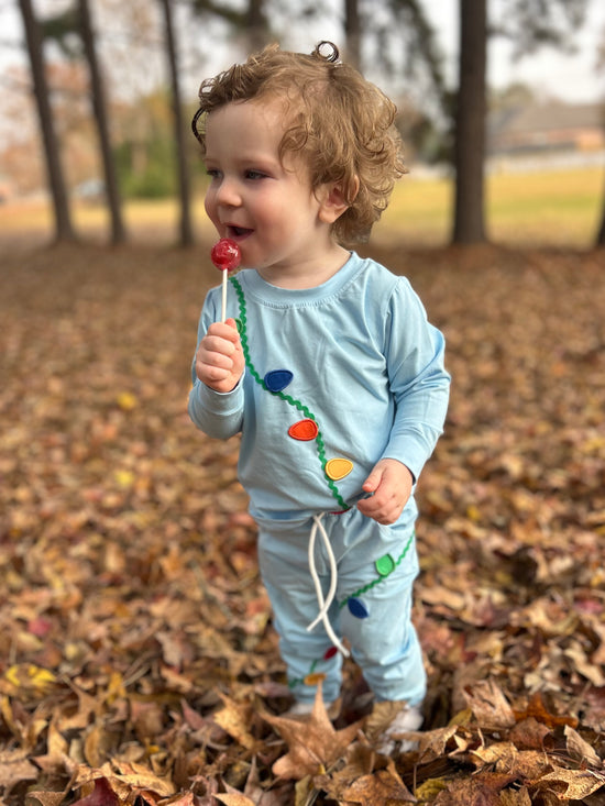 Christmas Lights Applique Light Blue Knit Jogger Set