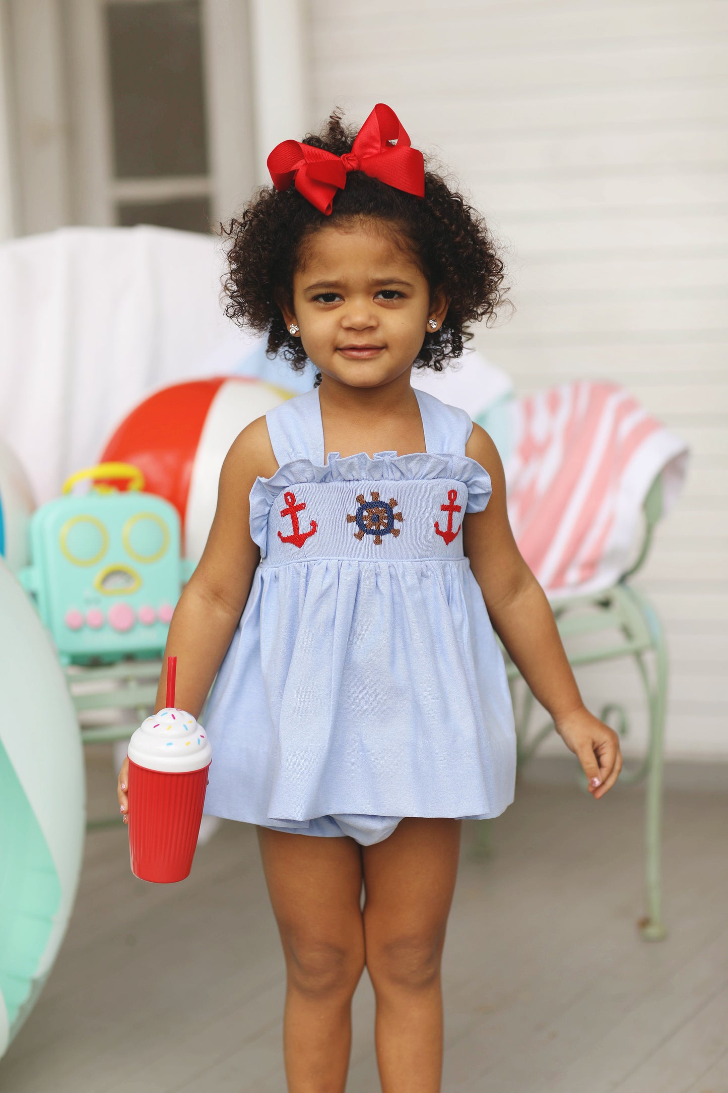 Anchor Smocked Blue Oxford Ruffle Bloomer Set