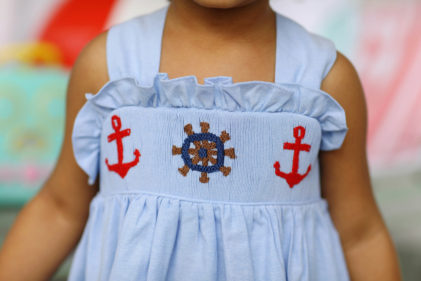 Anchor Smocked Blue Oxford Ruffle Bloomer Set