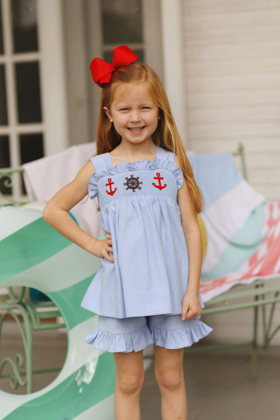 Anchor Smocked Blue Oxford Ruffle Short Set