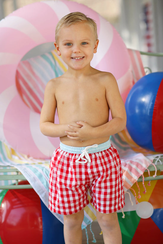 Red Gingham Seersucker Swim Shorts