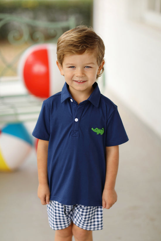 Gator French Knot Navy Gingham Knit Collared Short Set