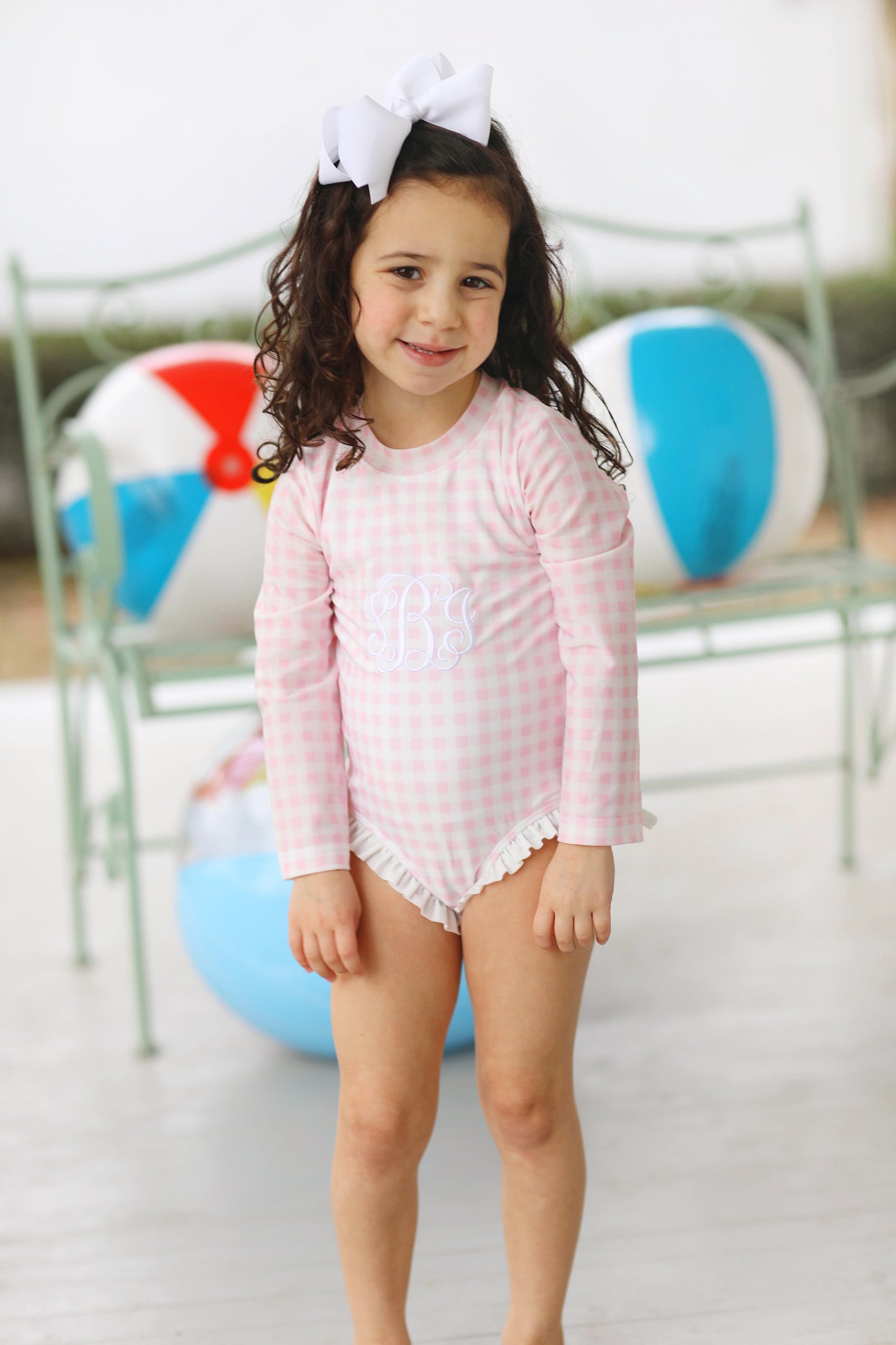 Pink Gingham Rashguard Ruffle Swim Suit
