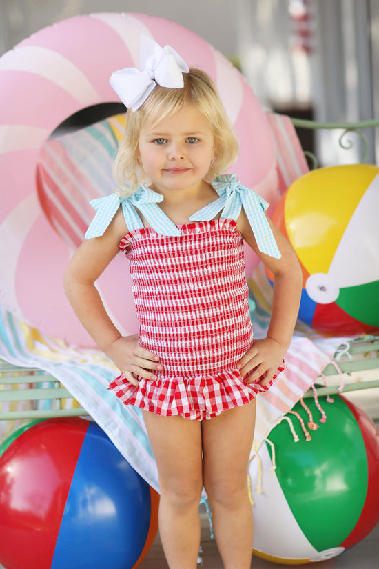 Red Gingham Seersucker Smocked One Piece Ruffle Swimsuit