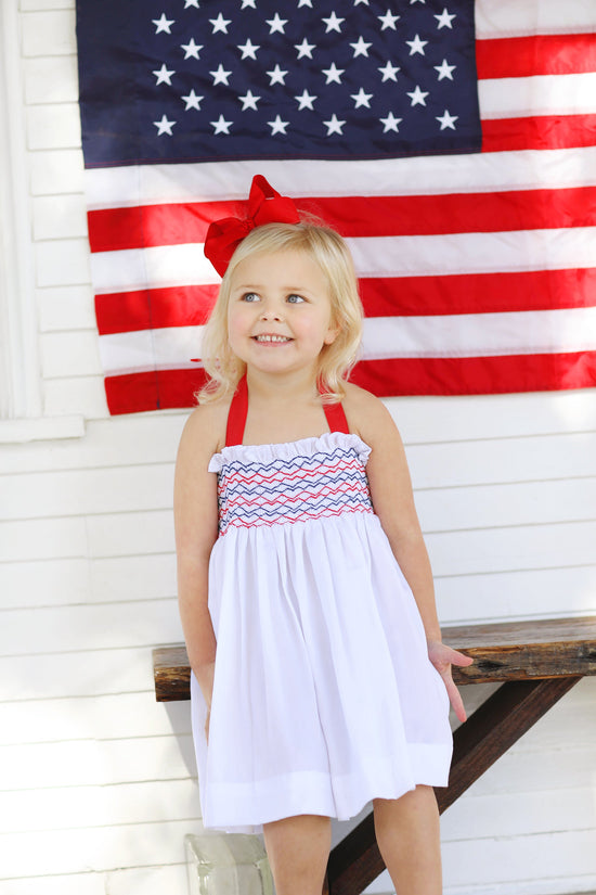 Red and Navy Smocked Tie Up Dress
