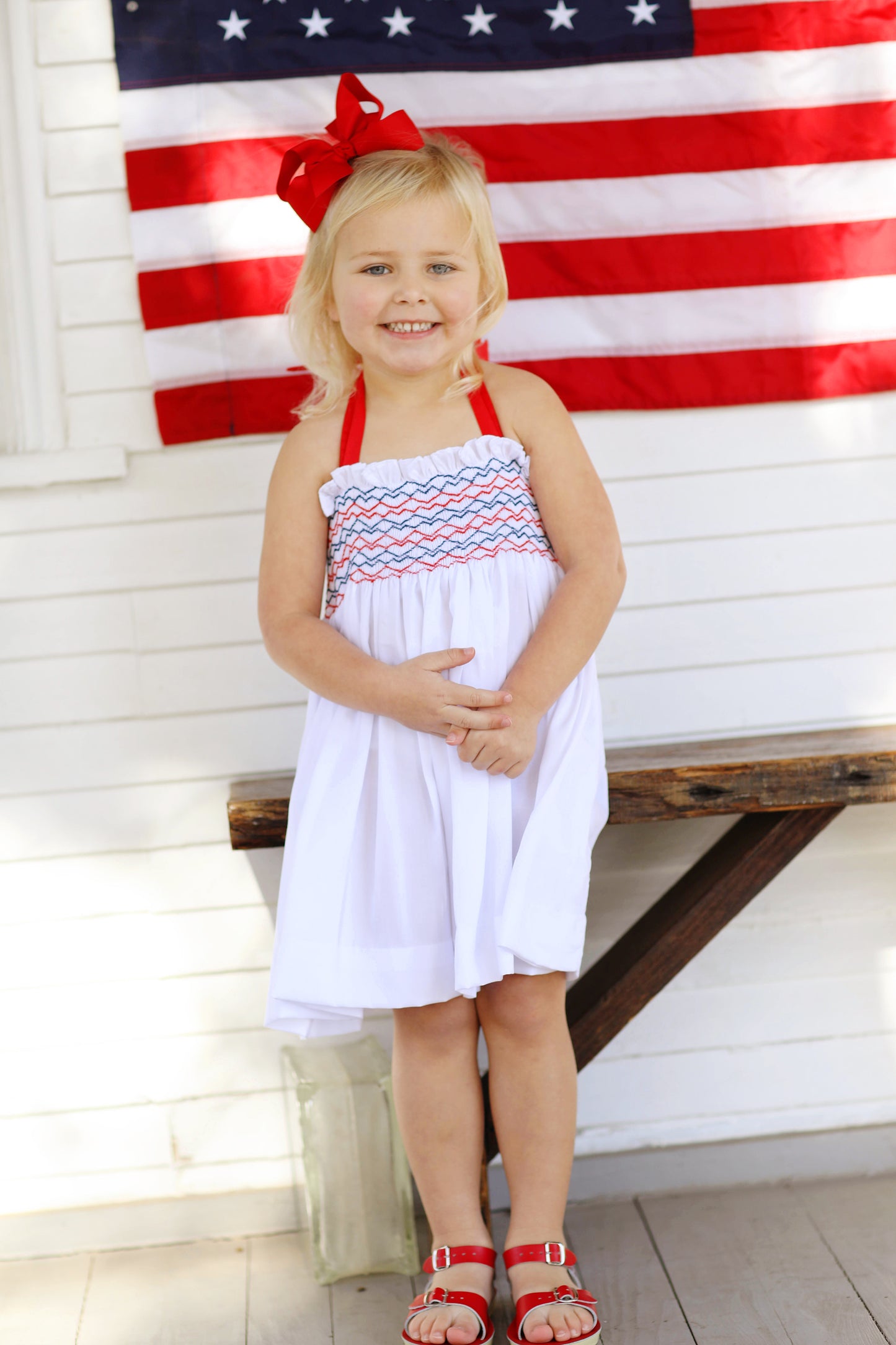 Red and Navy Smocked Tie Up Dress