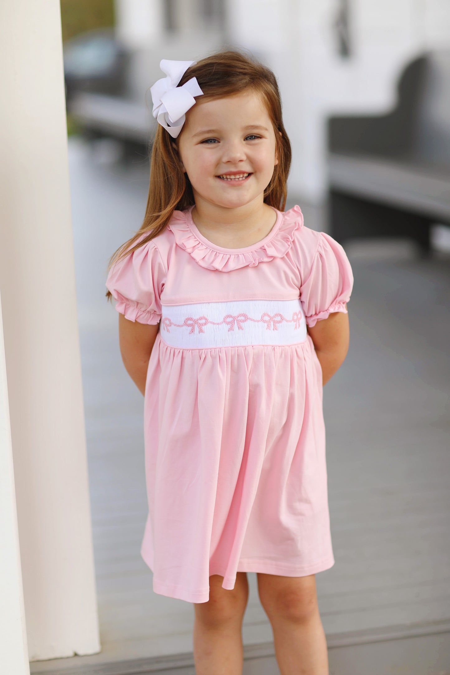 Bow Smocked Pink Knit Ruffle Dress