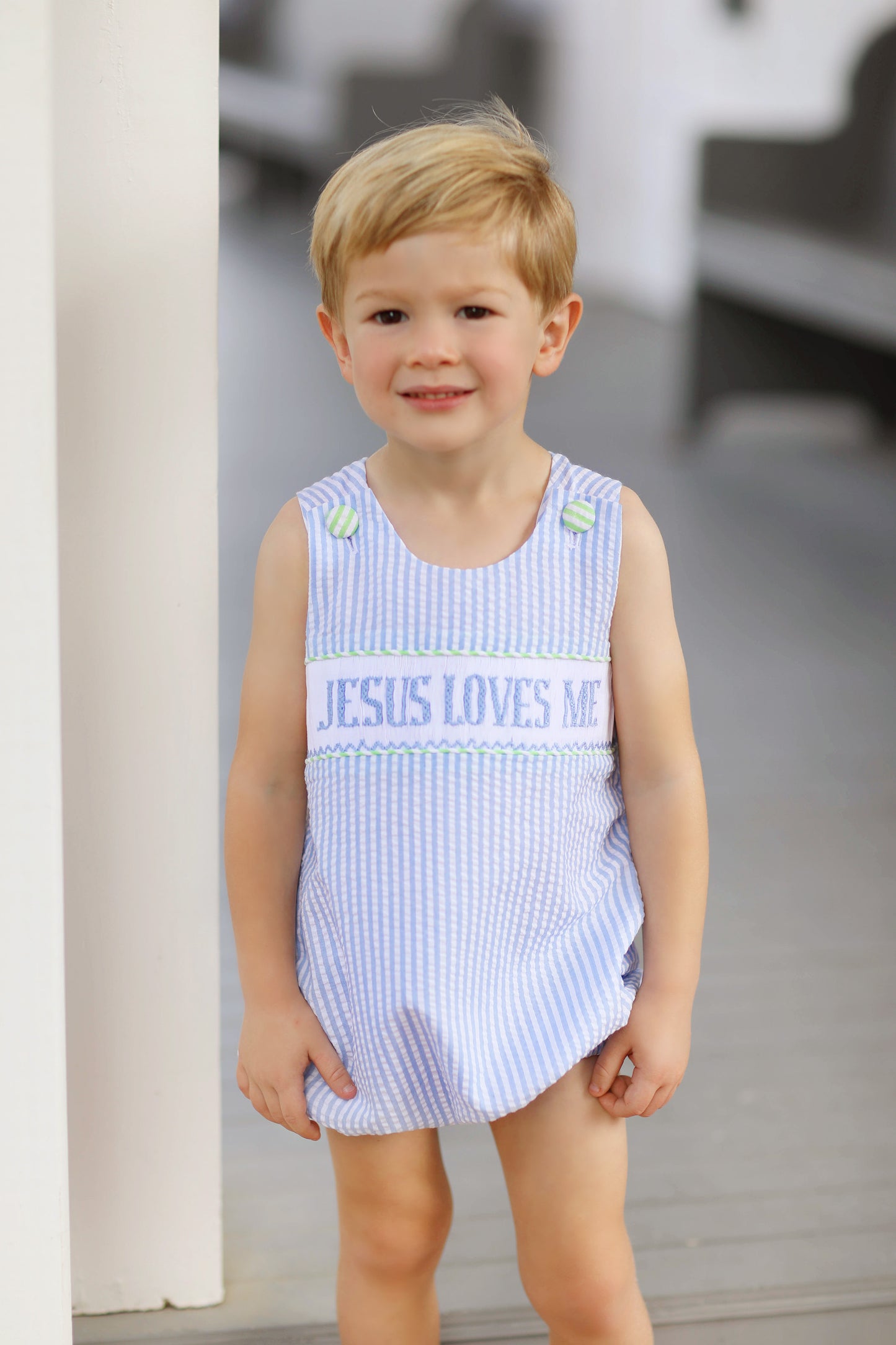 Jesus Loves Me Smocked Blue Seersucker Bubble