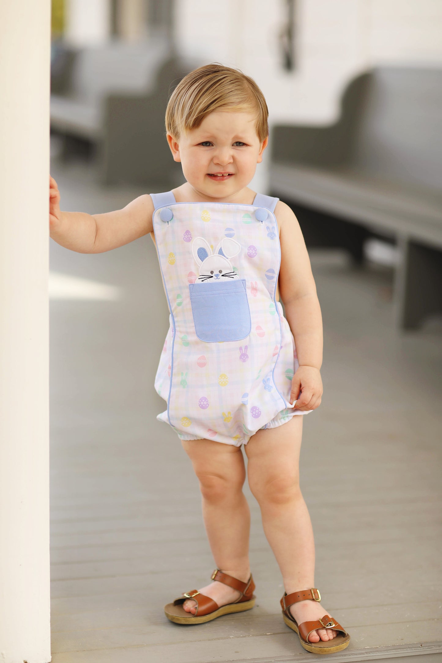 Bunny Easter Egg Print Bunny Applique Sunsuit