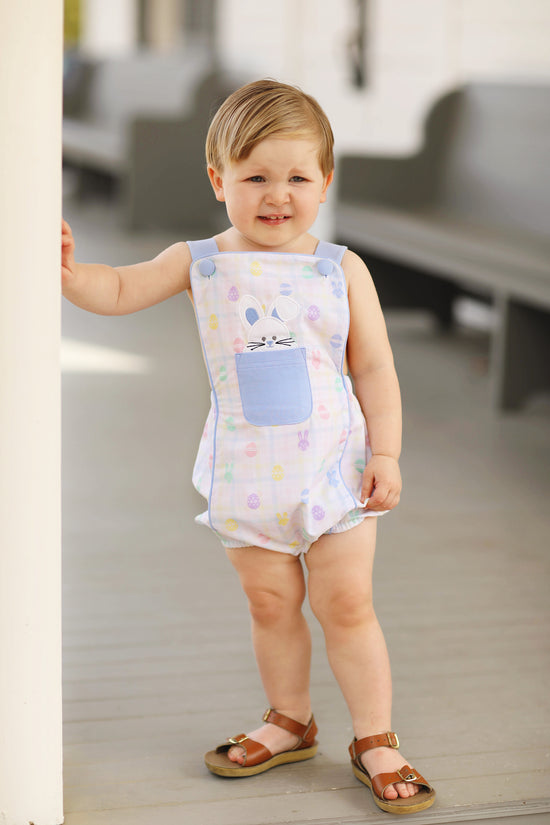 Bunny Easter Egg Print Bunny Applique Sunsuit