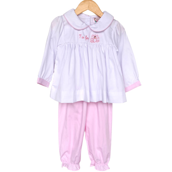 T is for Turkey Embroidered Light Pink Bubble Pant Set