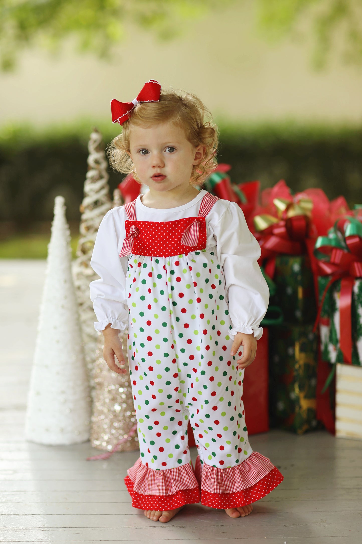 Christmas Polka Dot Tie Shoulder Ruffle Romper with White Knit Shirt