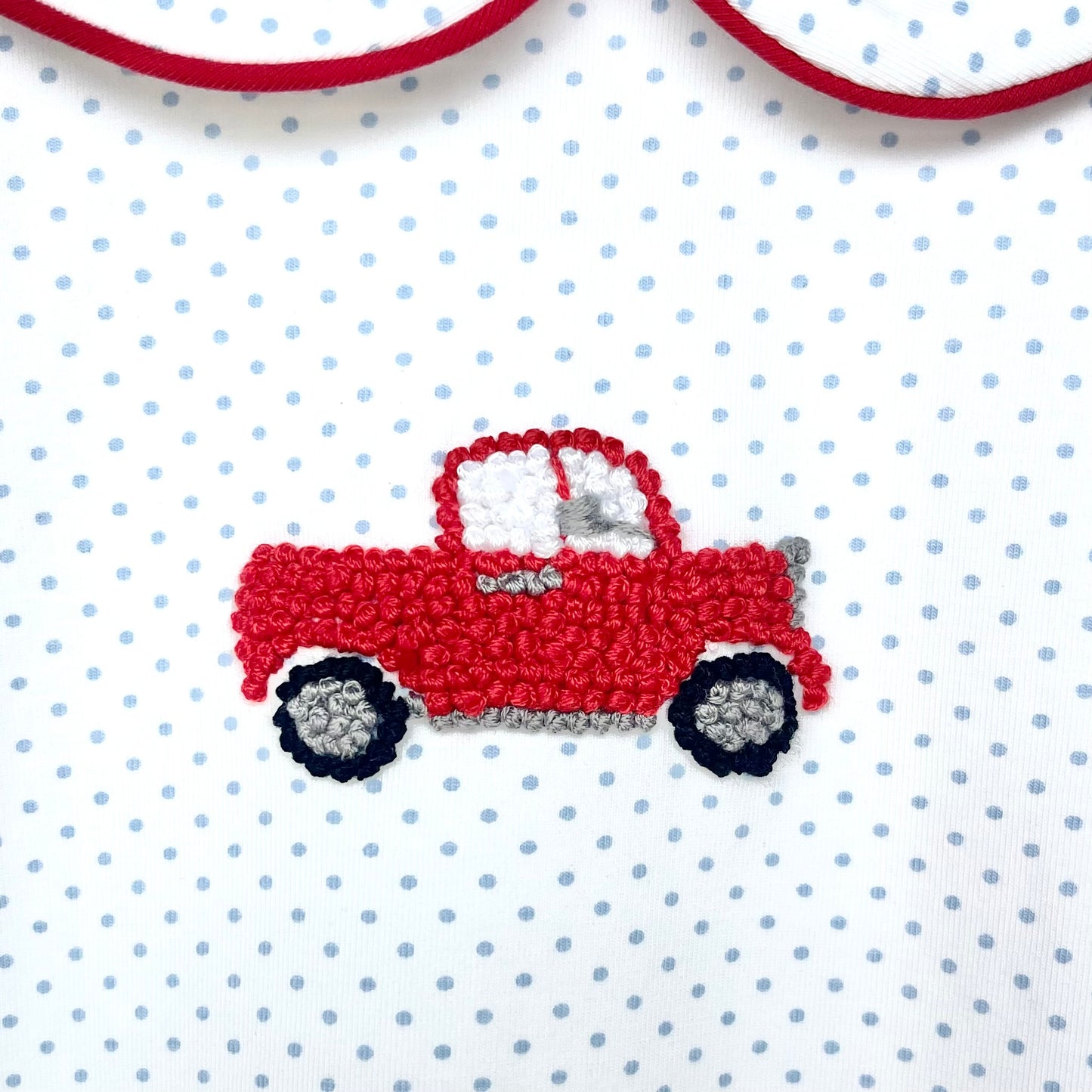Red Truck French Knot Blue Bitty Dot Knit Bubble Pant Set