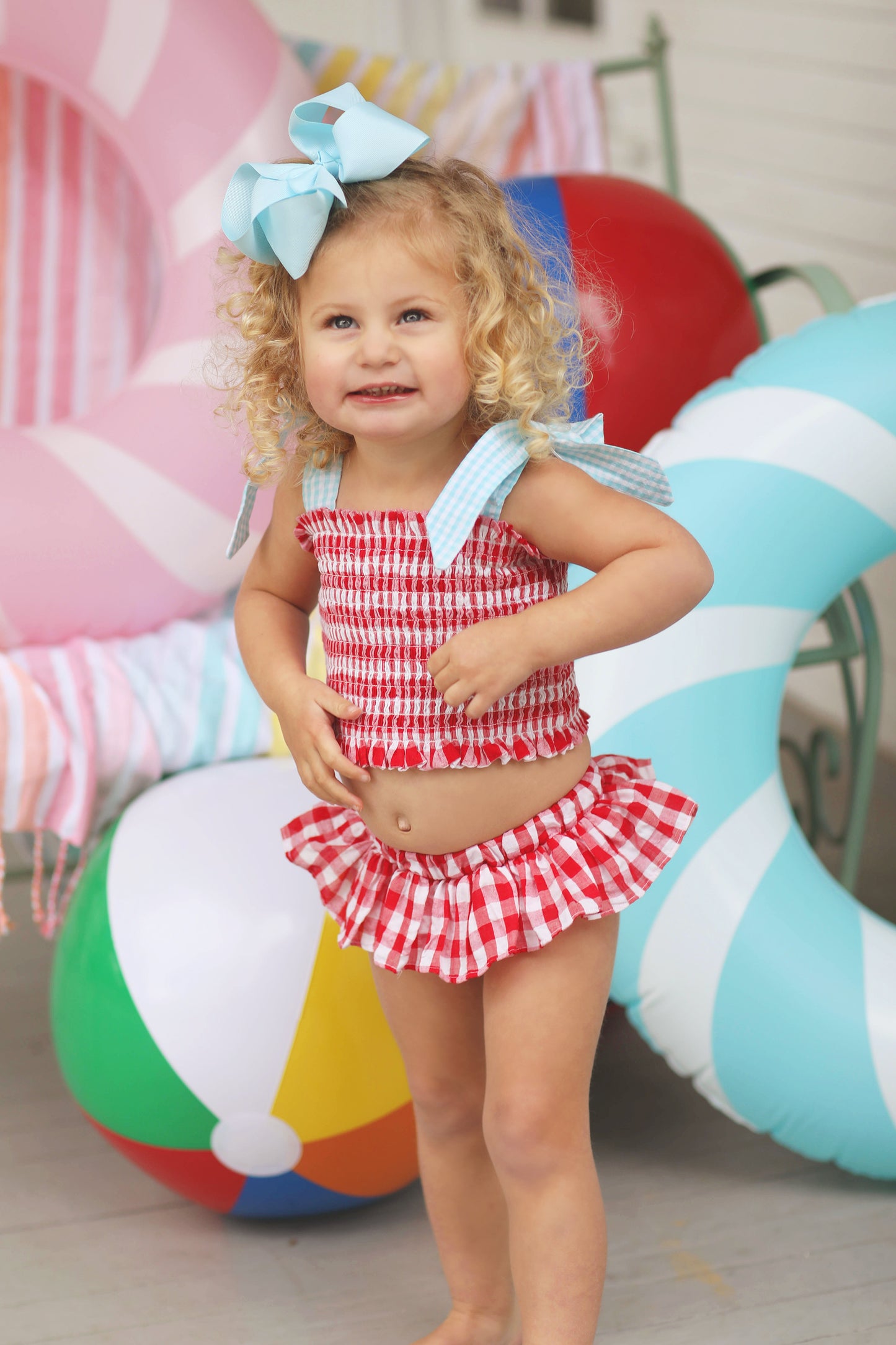 Red Gingham Seersucker Smocked Two Piece Ruffle Swimsuit