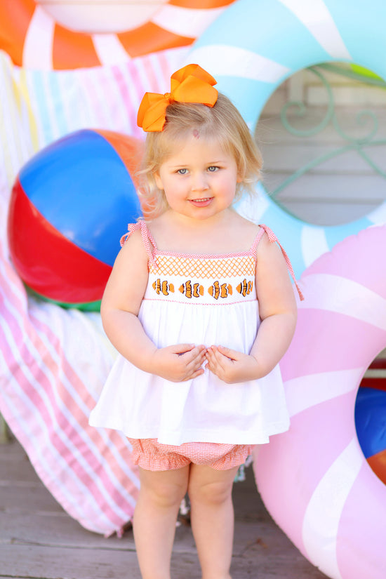 Clownfish Smocked Orange Gingham Tie Shoulder Ruffle Bloomer Set