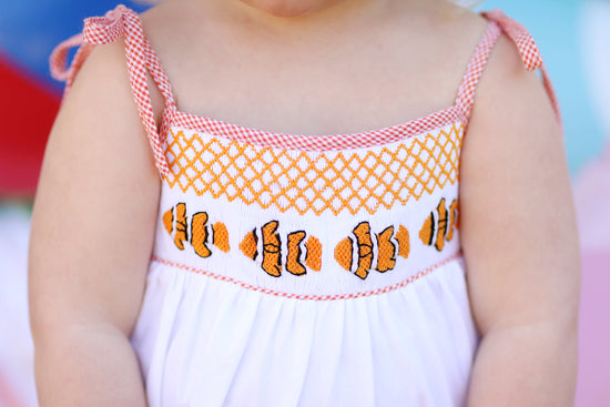 Clownfish Smocked Orange Gingham Tie Shoulder Ruffle Bloomer Set