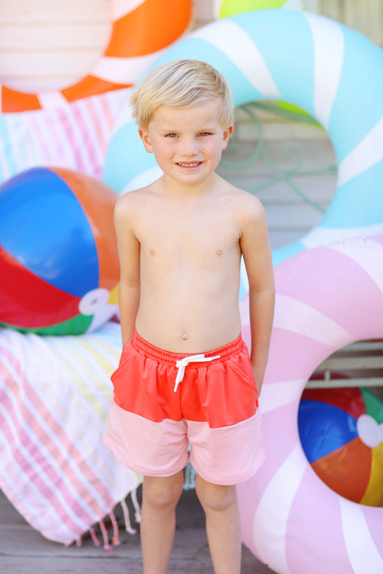 Coral Pink Colorblock Swim Trunks
