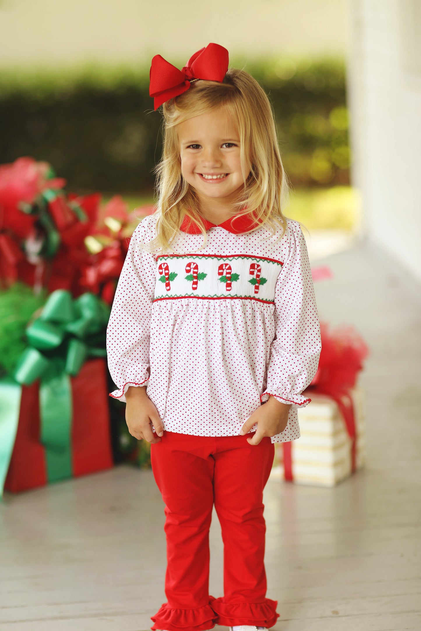 Candy Cane Smocked Knit Red Bitty Dot Ruffle Pant Set