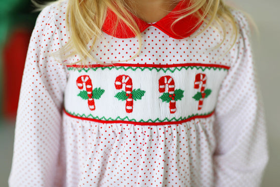 Candy Cane Smocked Knit Red Bitty Dot Ruffle Pant Set