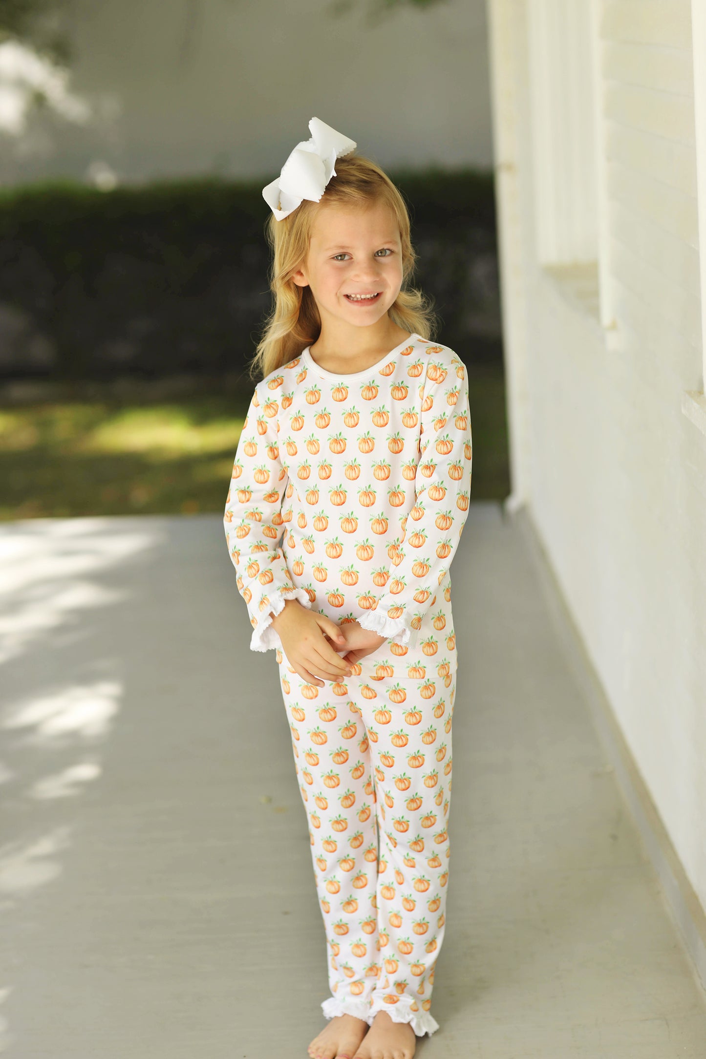 Watercolor Pumpkin Print Knit Ruffle Pajamas