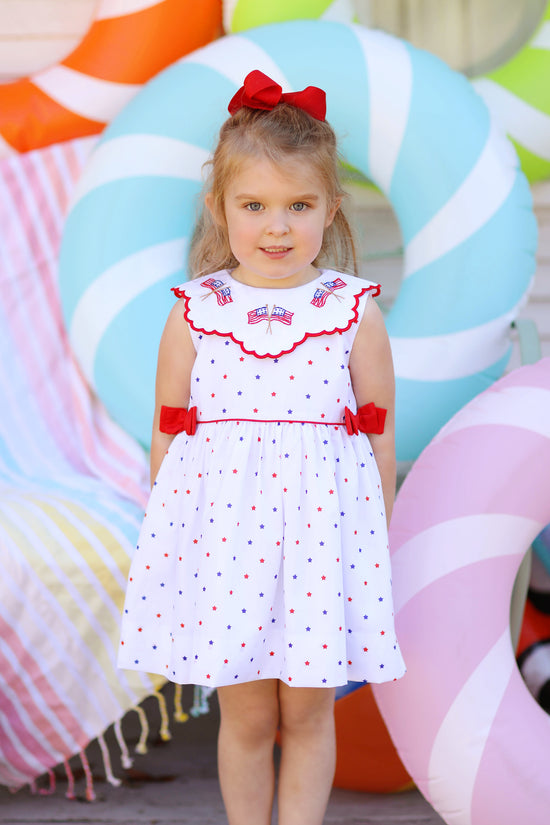 Flag Embroidered Star Print Bow Dress