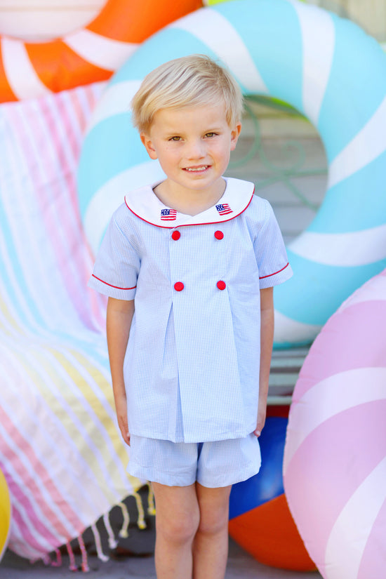 Flag Embroidered Blue Gingham Sailor Collar Short Set