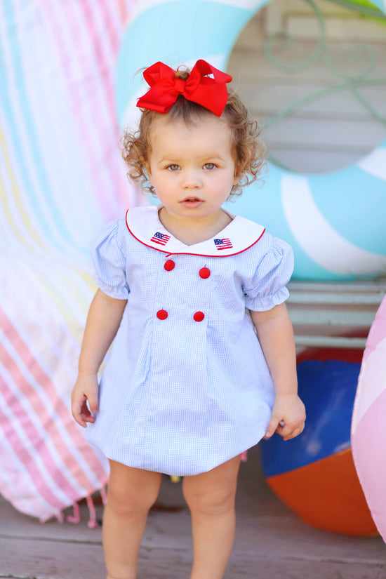 Flag Embroidered Blue Gingham Sailor Collar Girl Bubble