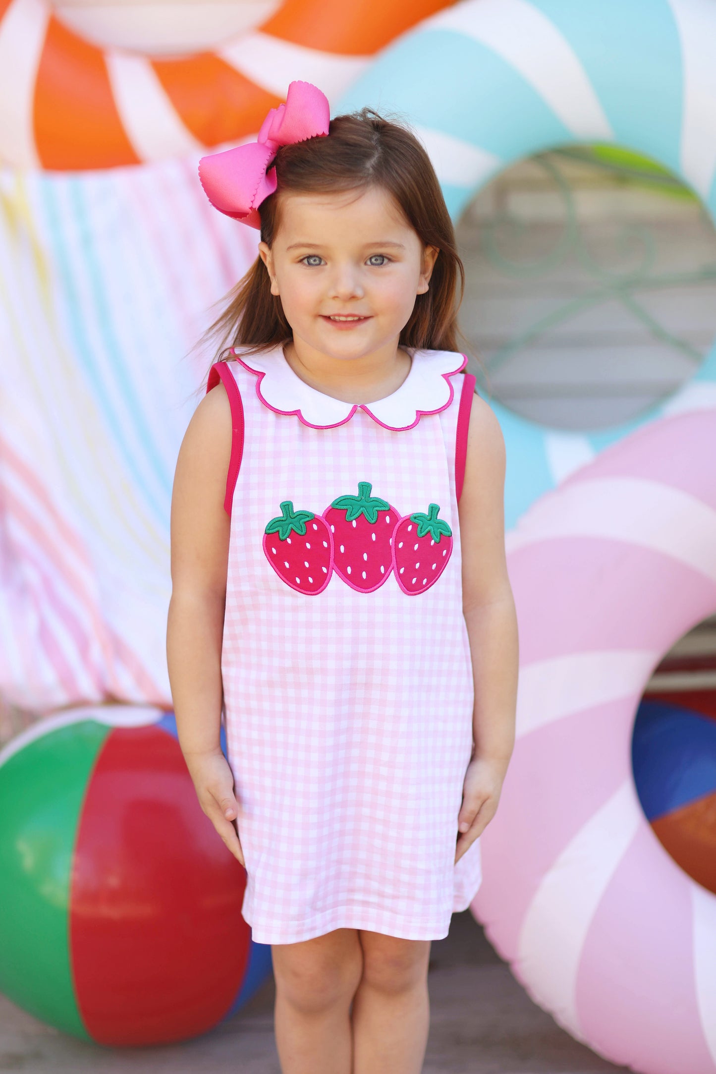 Strawberry Appliqué Pink Gingham Scallop Collar Knit Dress