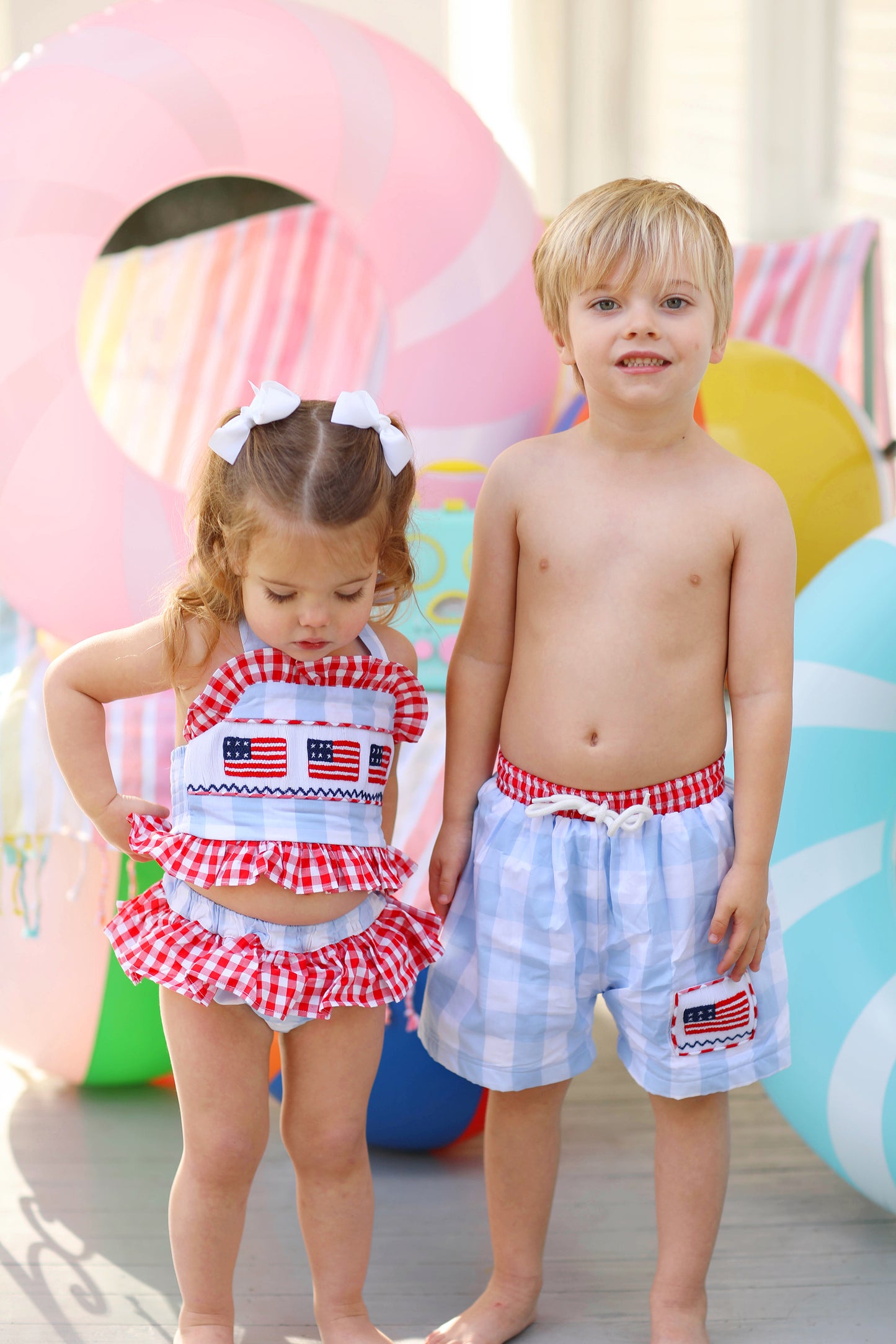 Flag Smocked Blue Buffalo Check Boy Swim Trunks