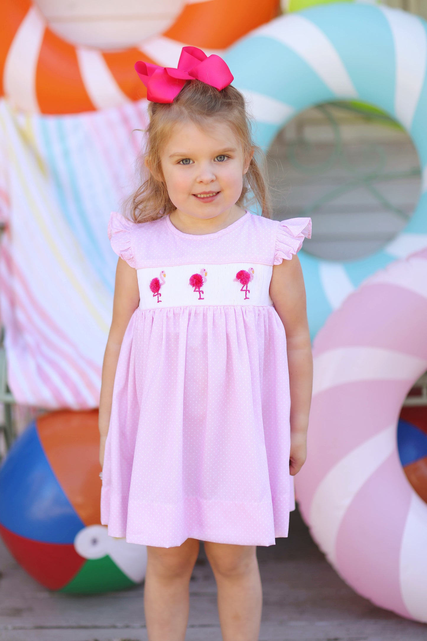 Flamingo Smocked Pink Bitty Dot Angel Wing Dress