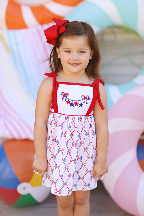 Bow Star Garland Smocked USA Print Dress