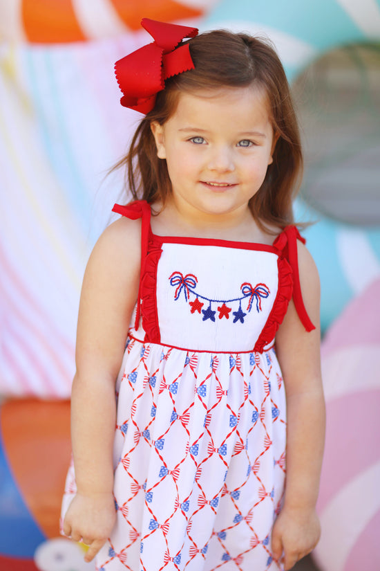 Bow Star Garland Smocked USA Print Dress