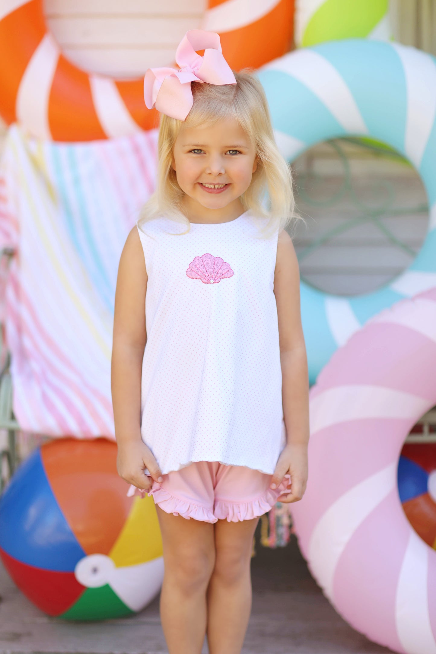 Seashell Pearl Embroidered Pink Bitty Dot Knit Ruffle Short Set