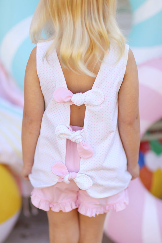 Seashell Pearl Embroidered Pink Bitty Dot Knit Ruffle Short Set