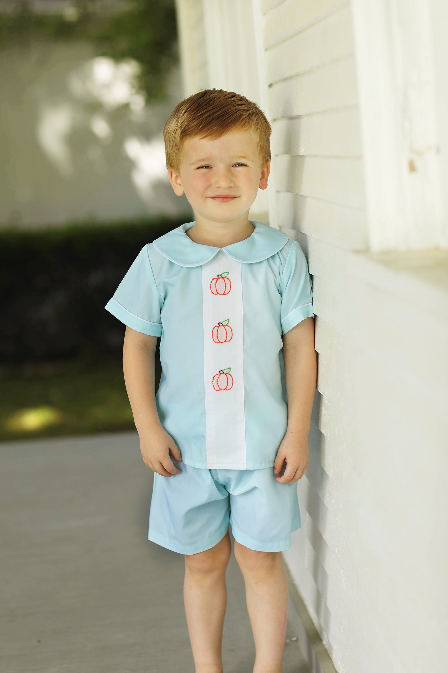 Load image into Gallery viewer, Pumpkin Shadow Embroidered Seafoam Collared Short Set
