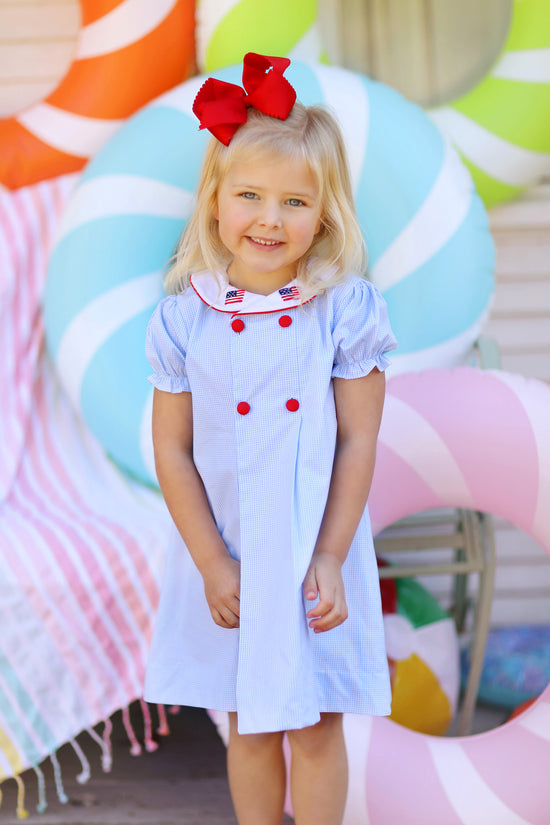 Flag Embroidered Blue Gingham Sailor Collar Dress