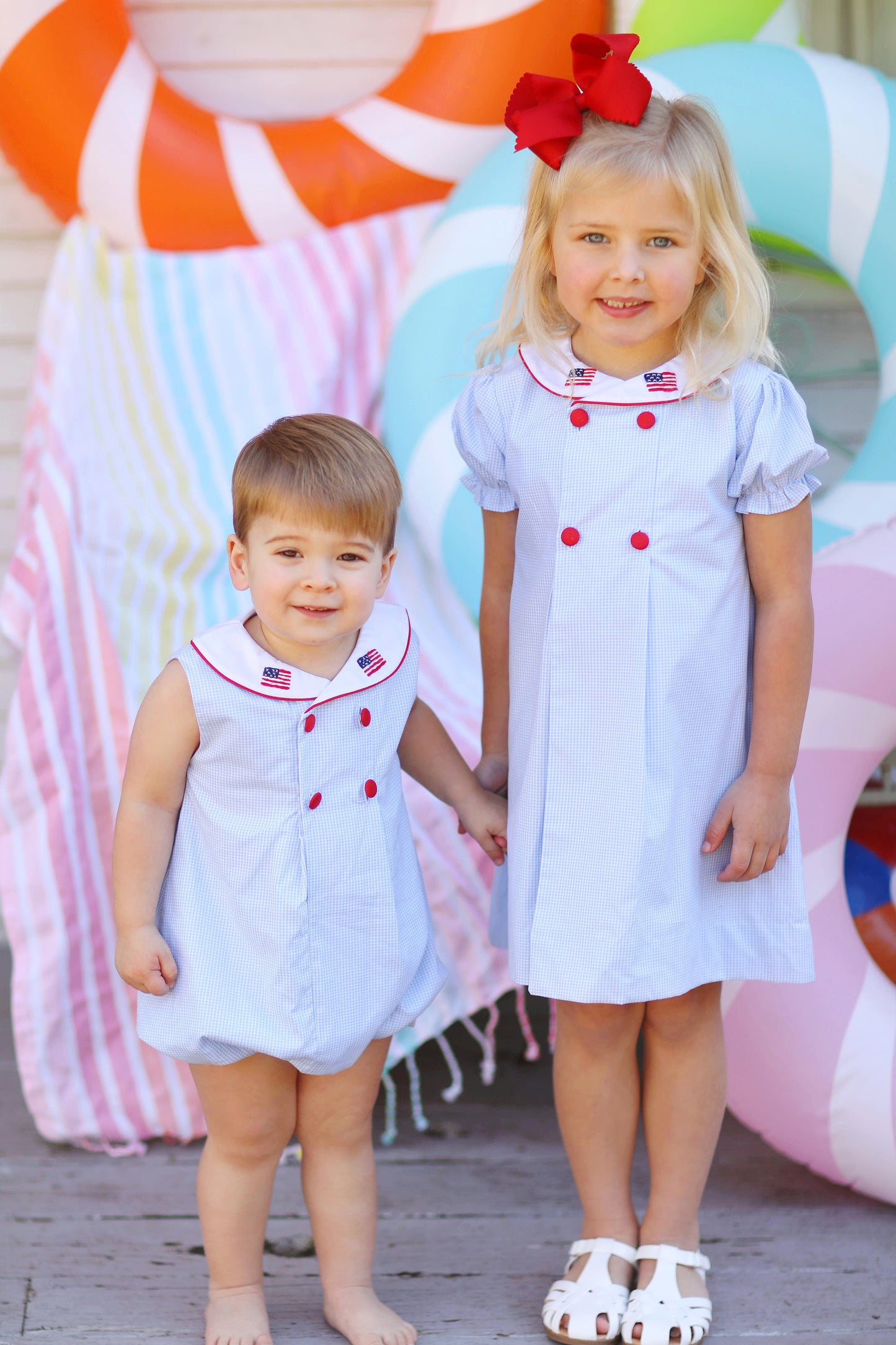 Flag Embroidered Blue Gingham Sailor Collar Dress