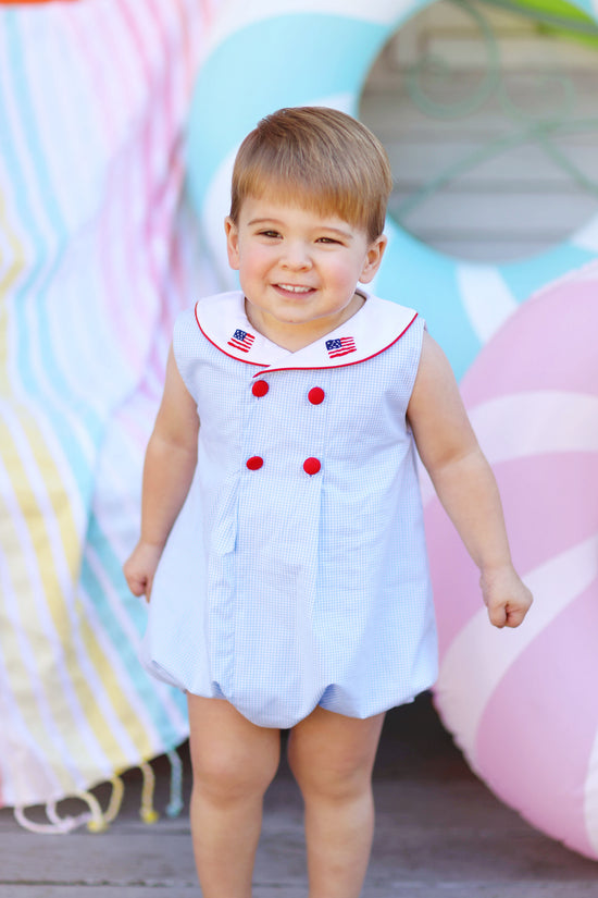 Flag Embroidered Blue Gingham Sailor Collar Bubble