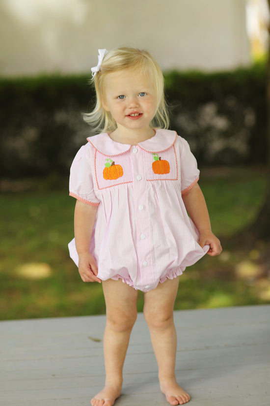Load image into Gallery viewer, Pumpkin Smocked Pink Gingham Ruffle Bubble
