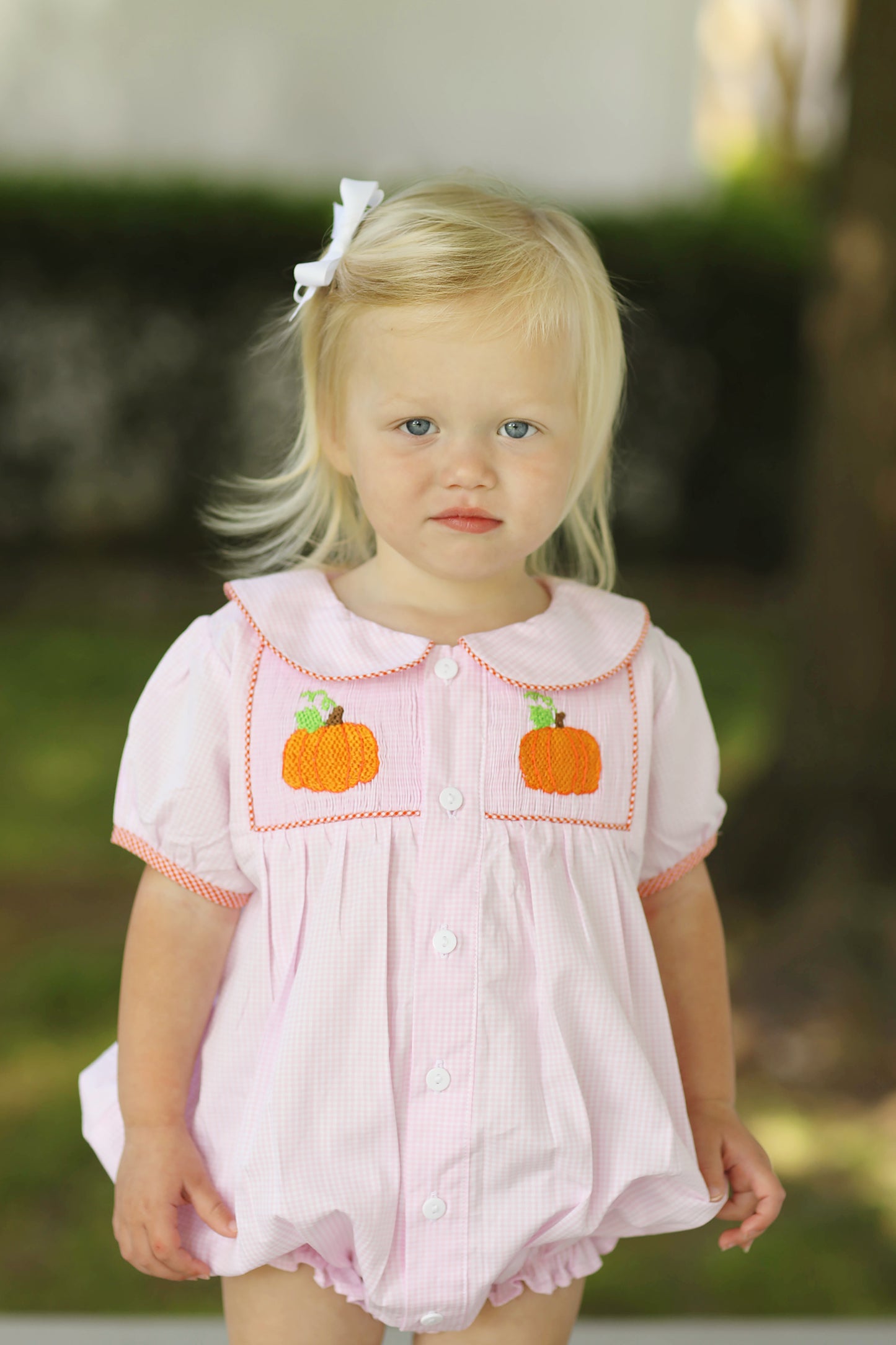 Load image into Gallery viewer, Pumpkin Smocked Pink Gingham Ruffle Bubble
