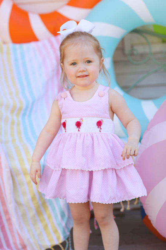 Flamingo Smocked Pink Bitty Dot Ruffle Bubble